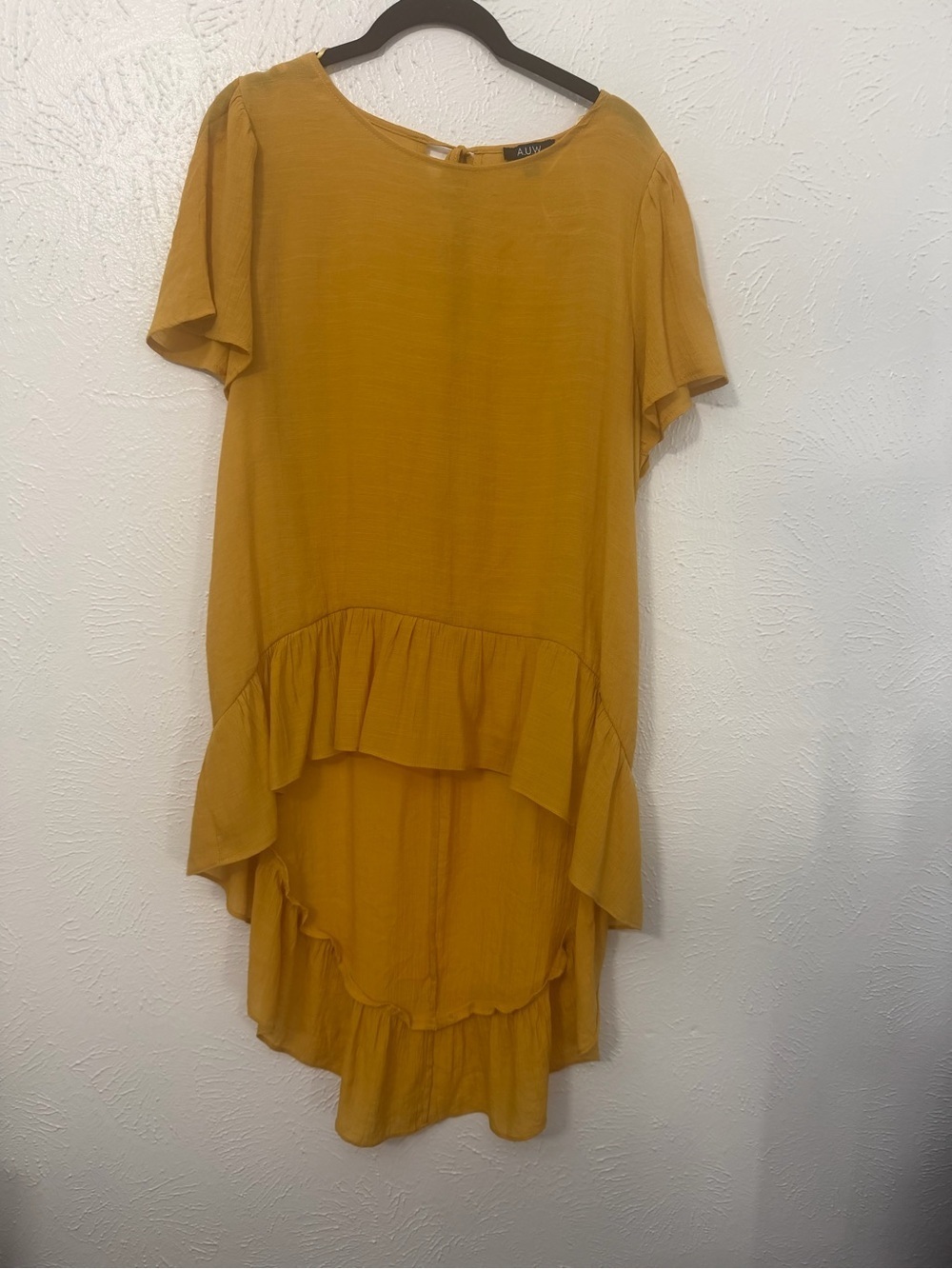 AUW Mustard High-Low Ruffle Blouse XL Boho Flowy Short Sleeve Top - Picture 2 of 7